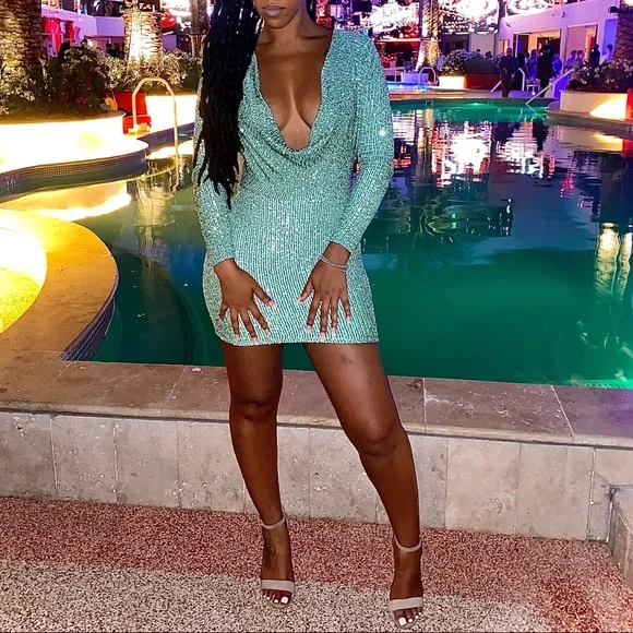 green emerald velvet dress Mint Green Sequin Princess Dress – Knee Length & Puff Sleeves – Mia Princess main image 0